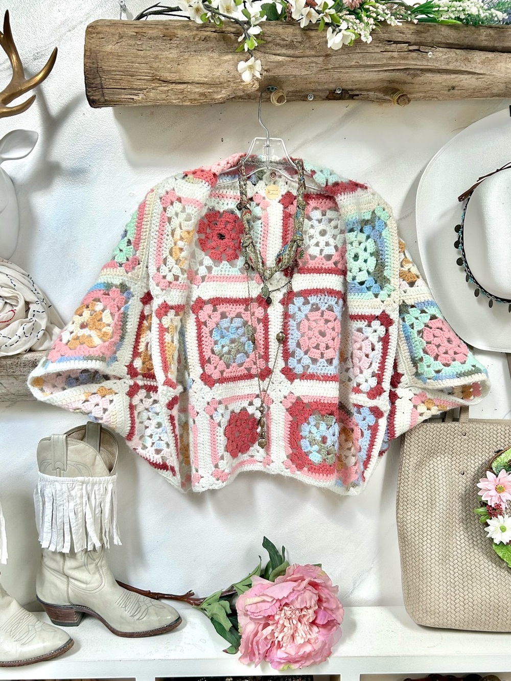 🌙Artisan Granny square Vintage Crochet Shrug w cottagecore granny prairie vibe
